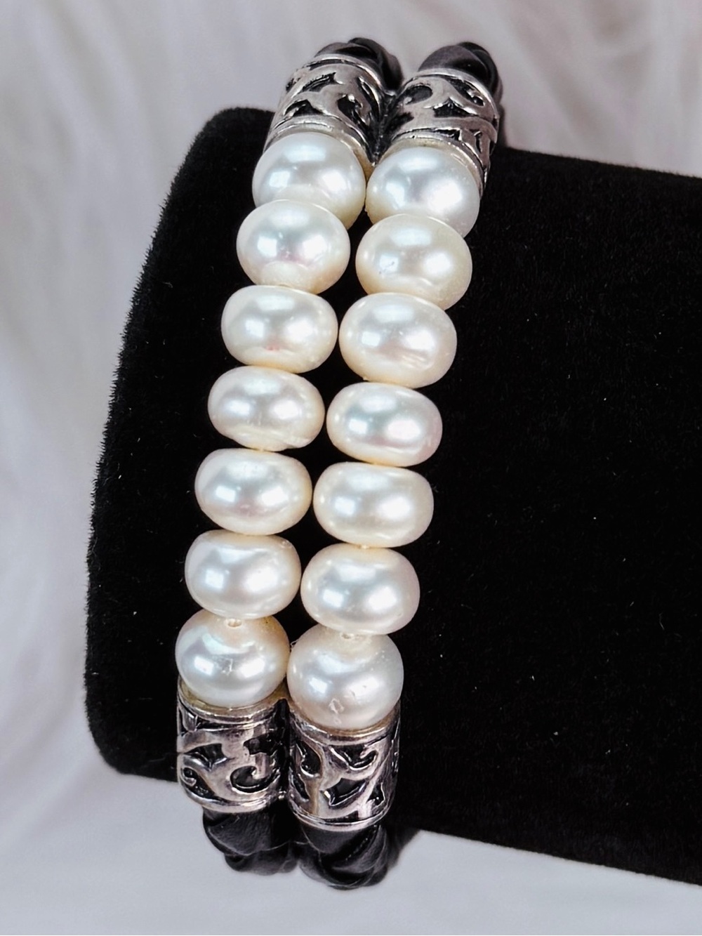Freshwater Pearl Double Strand Braided Leather Hook Clasp Bracelet